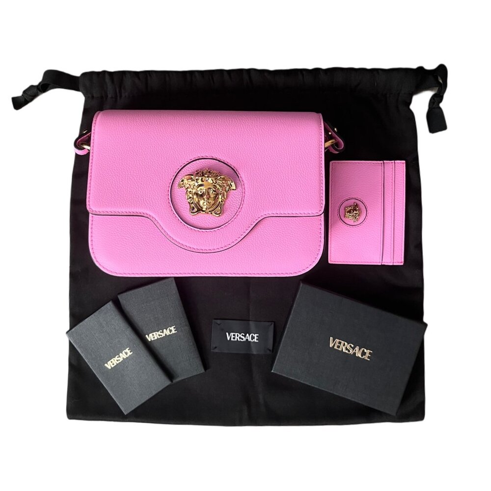 Pink Versace La Medusa Vitello Crossbody Purse and Card Case Set